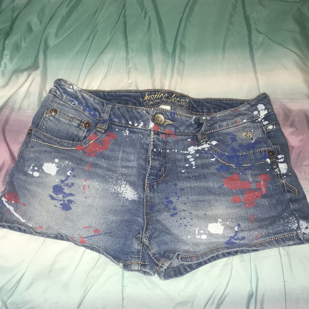 Red white and blue splatter paint shorts